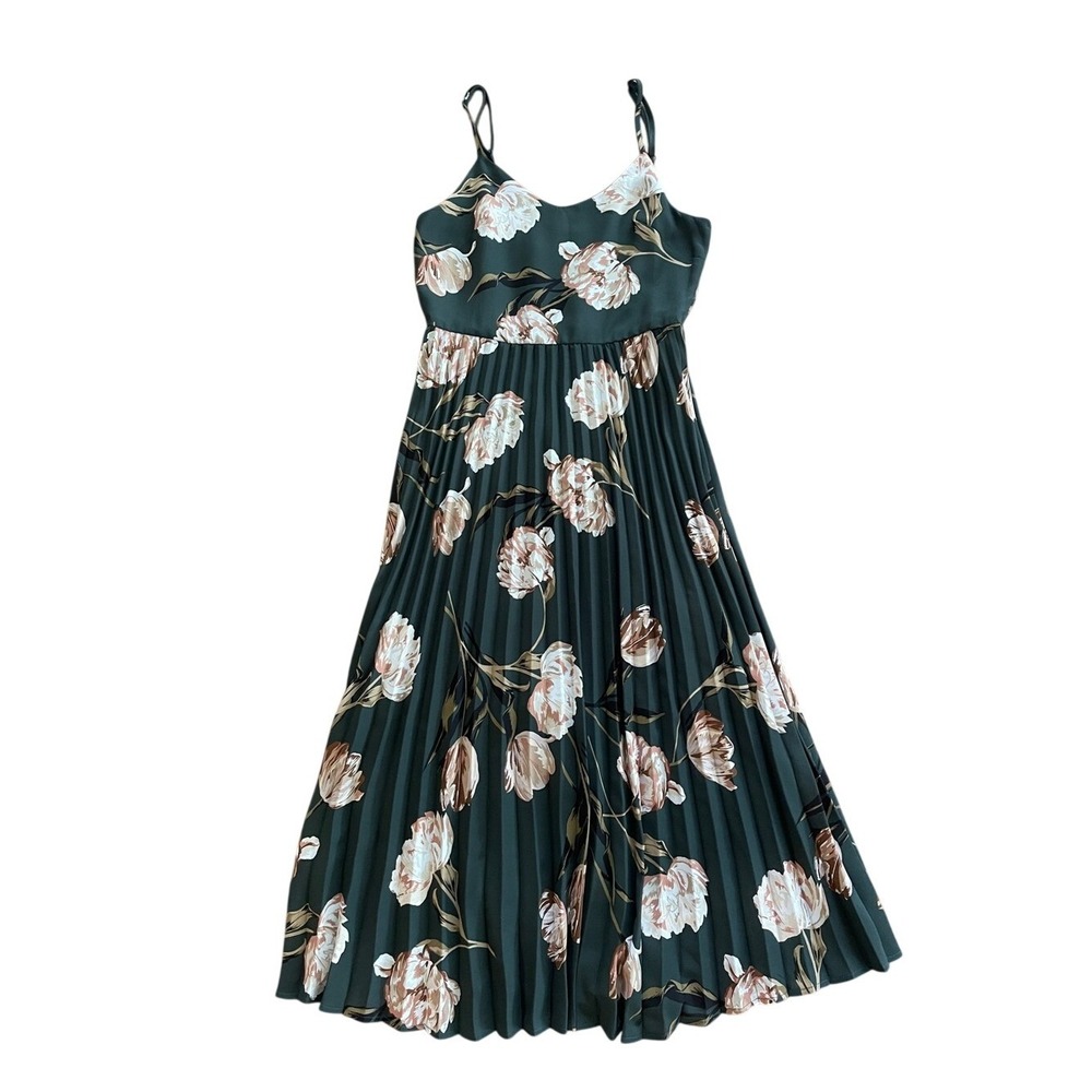 A New Day Green Floral Dress Pleated Skirt XS